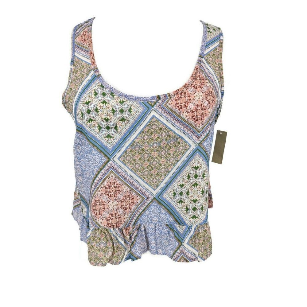 New Flynn Skye Sleeveless Crop Top Womens S Blue Patchwork Rayon Cami Ruffle